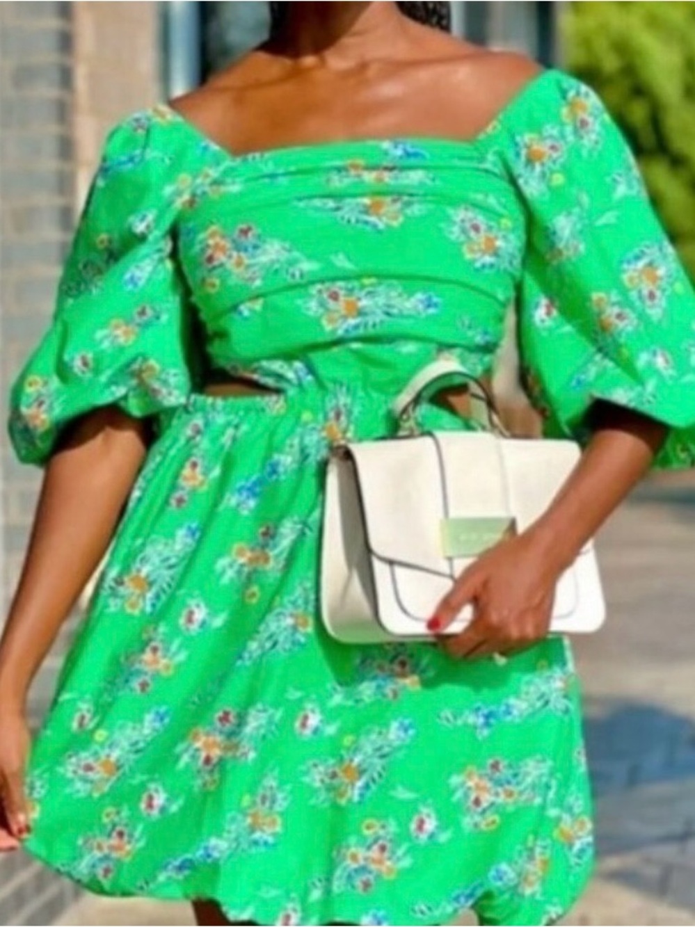 a new day Green Floral Smocked Bodice Dress cutout sides S new with tags